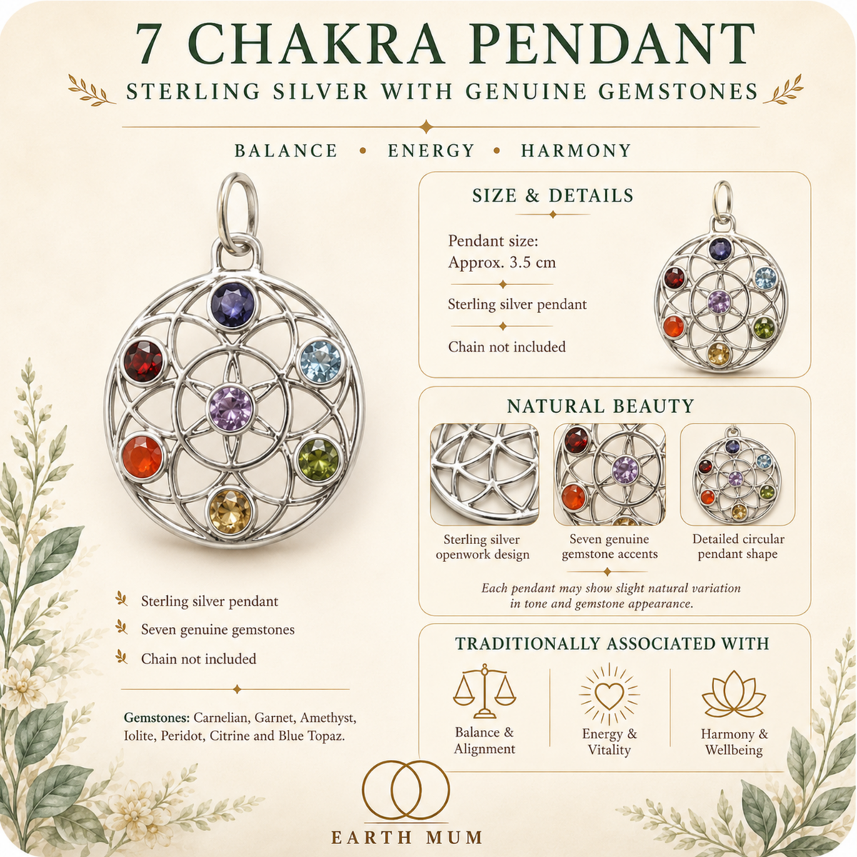 7 Chakra Sterling Silver Pendant with Genuine Gemstones