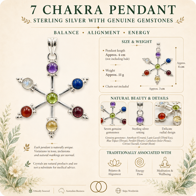 7 Chakra Sterling Silver Pendant | Genuine Gemstone Pendant