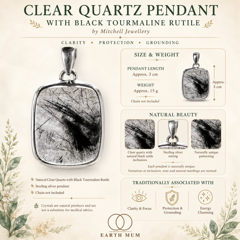 Black Tourmaline Rutilated Quartz Sterling Silver Pendant | Mitchell Jewellery