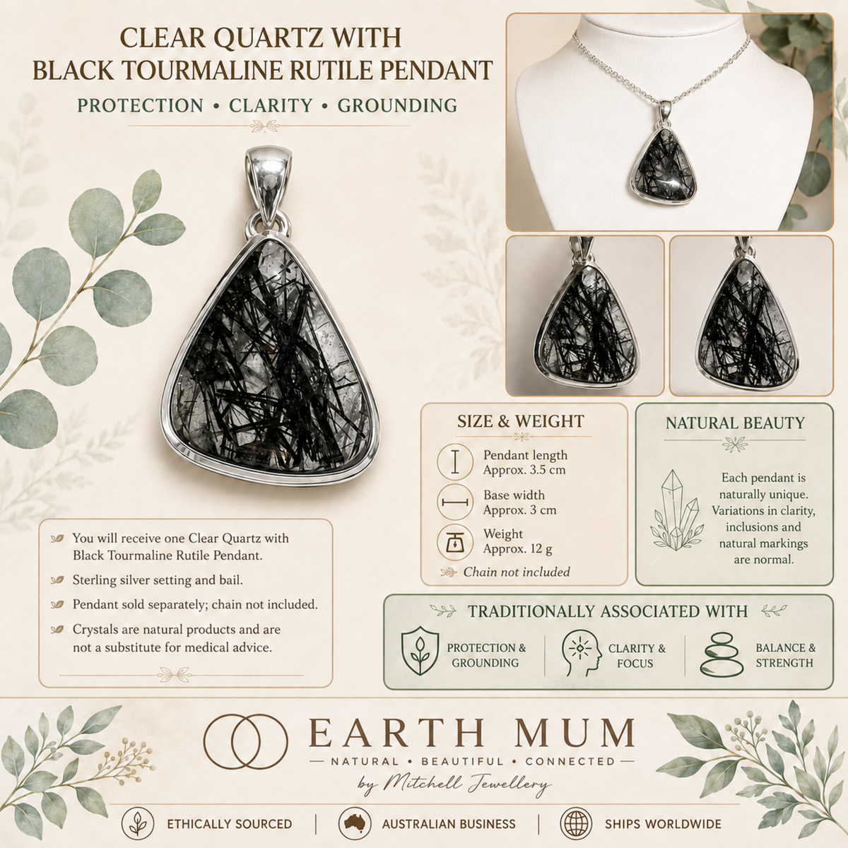 Clear Quartz Sterling Silver Pendant with Black Tourmaline Rutile | Mitchell Jewellery