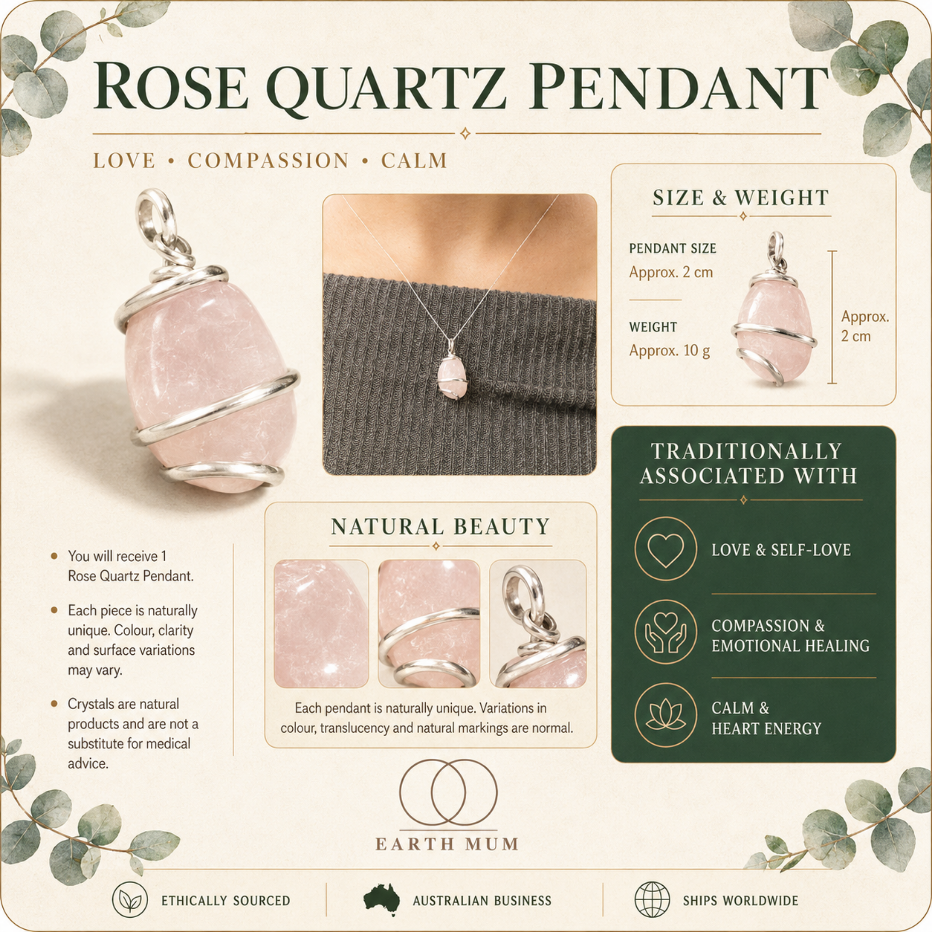 Rose Quartz Wire-Wrapped Pendant | Sterling Silver Detail | Mitchell Jewellery