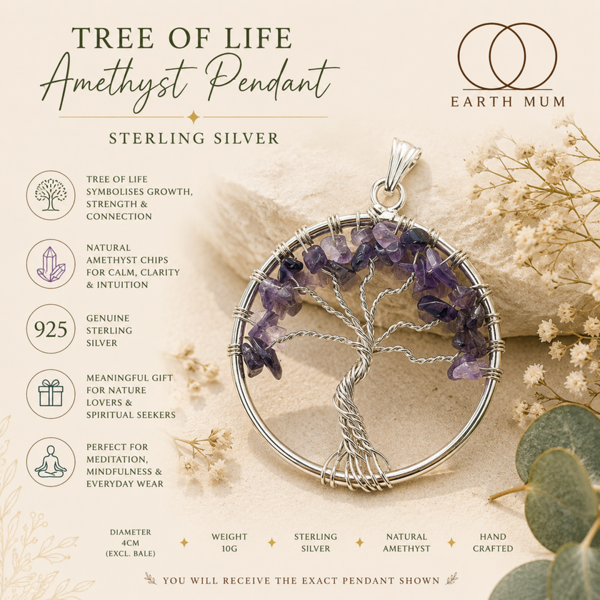 Tree of Life Amethyst Sterling Silver Pendant – Natural Crystal Chip Jewellery