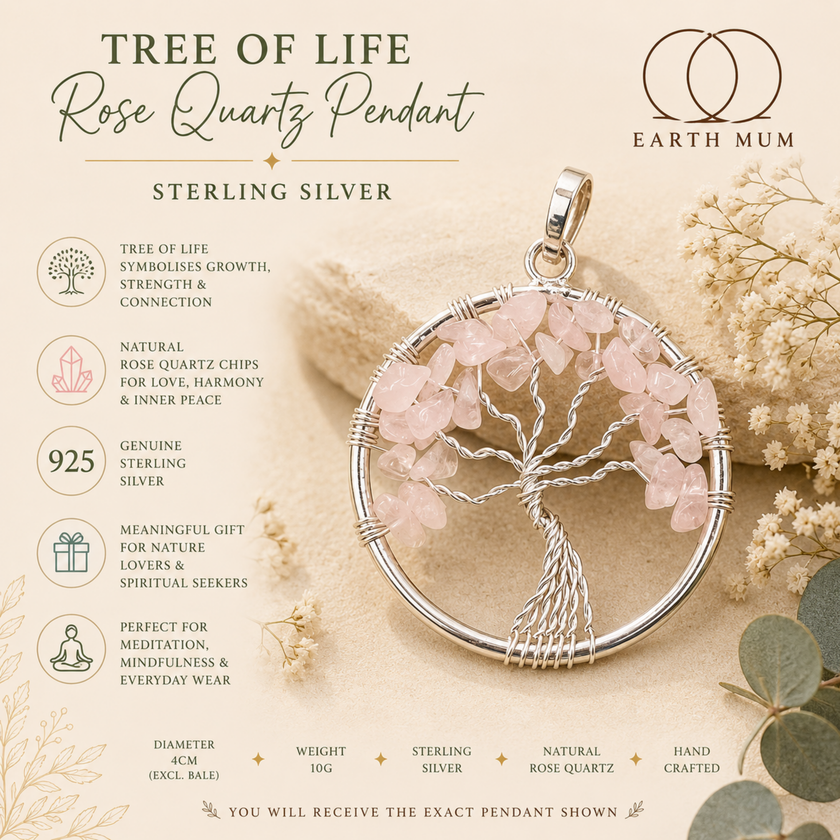 Tree of Life Rose Quartz Sterling Silver Pendant – Natural Crystal Chip Jewellery