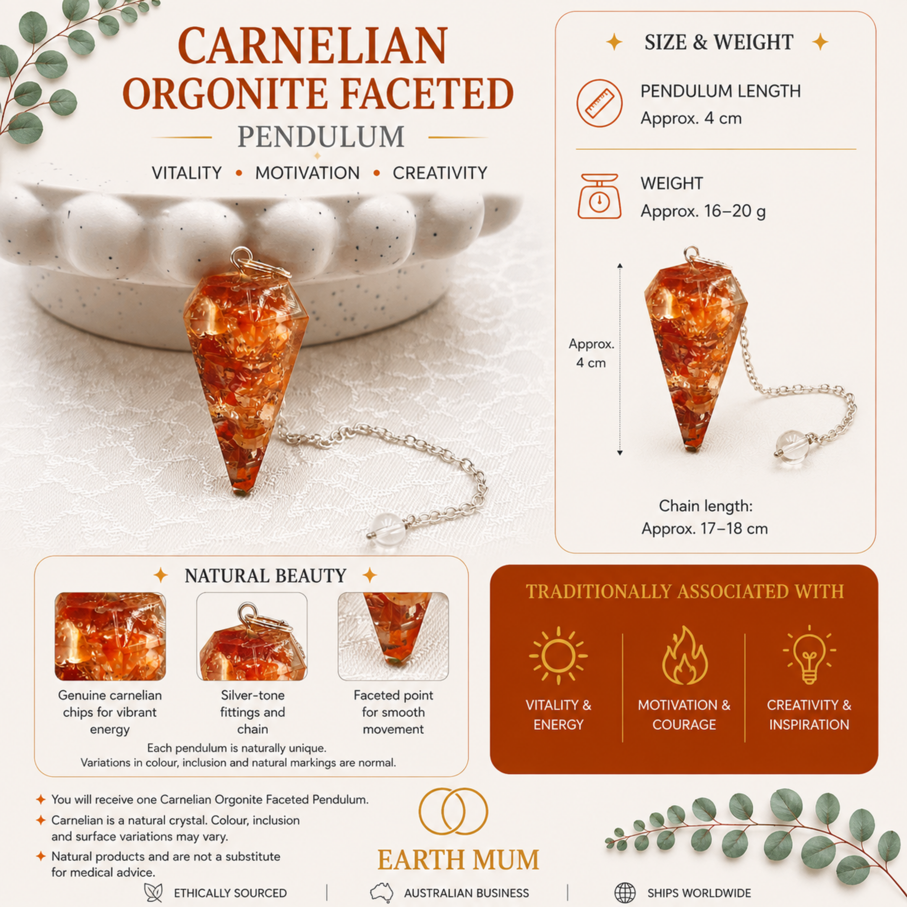Carnelian Orgonite Faceted Pendulum