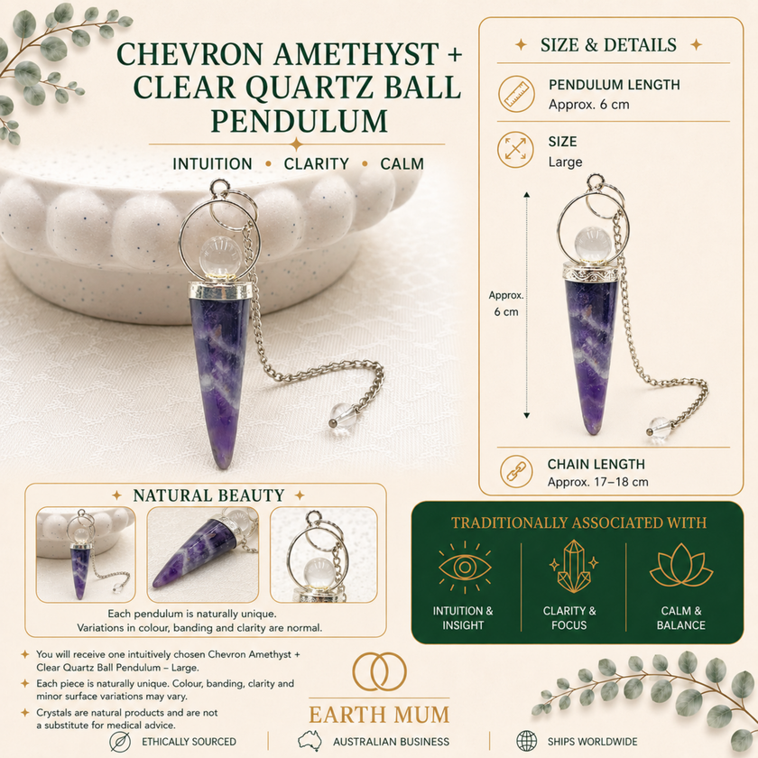 Chevron Amethyst + Clear Quartz Ball Pendulum – Large