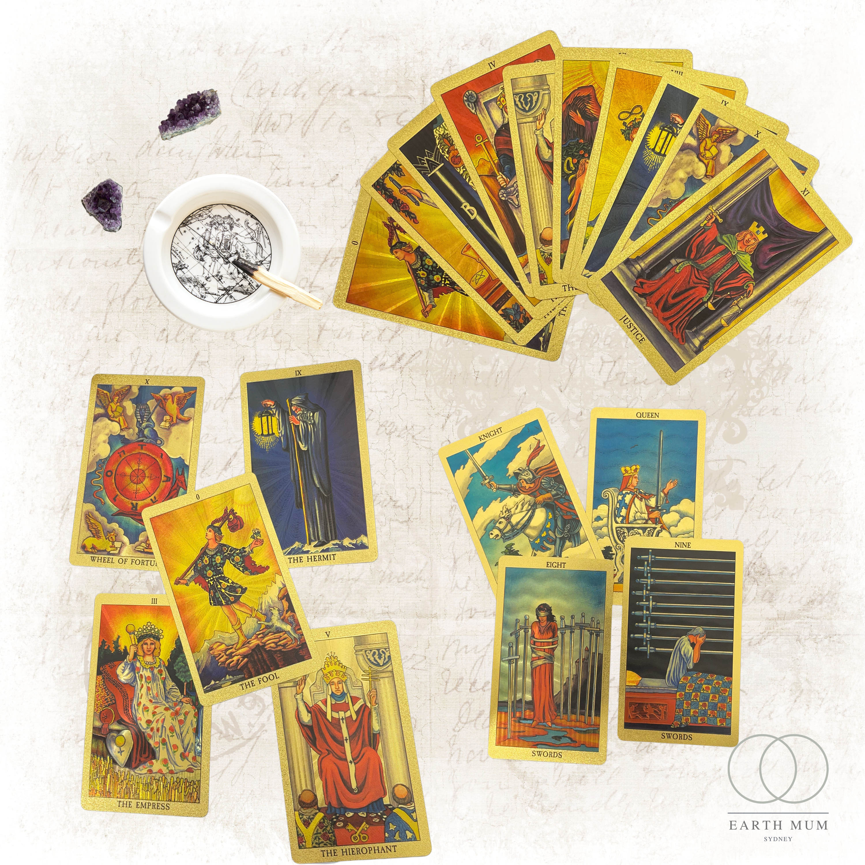 Rider Waite Gold Foil Tarot Deck – 78 Cards with Guidebook