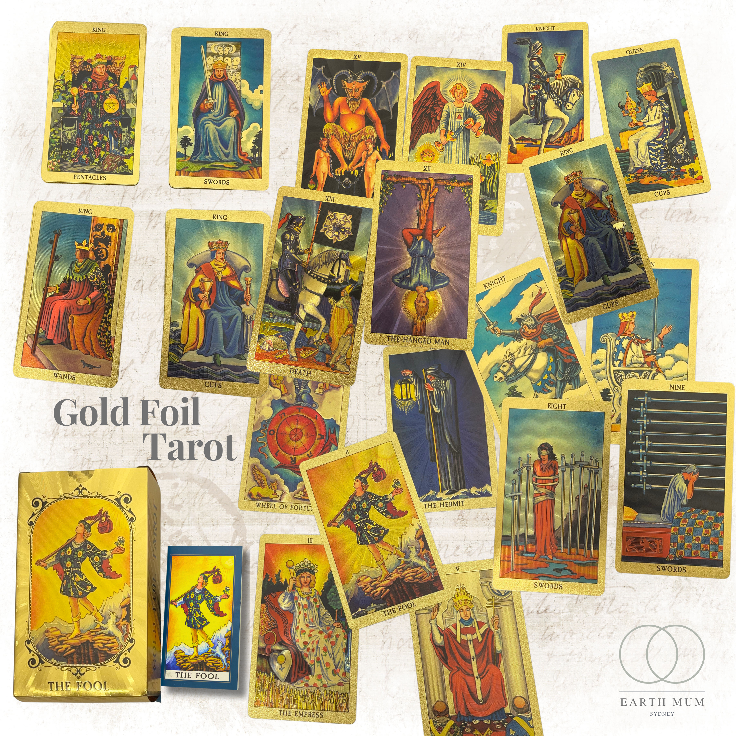 Rider Waite Gold Foil Tarot Deck – 78 Cards with Guidebook