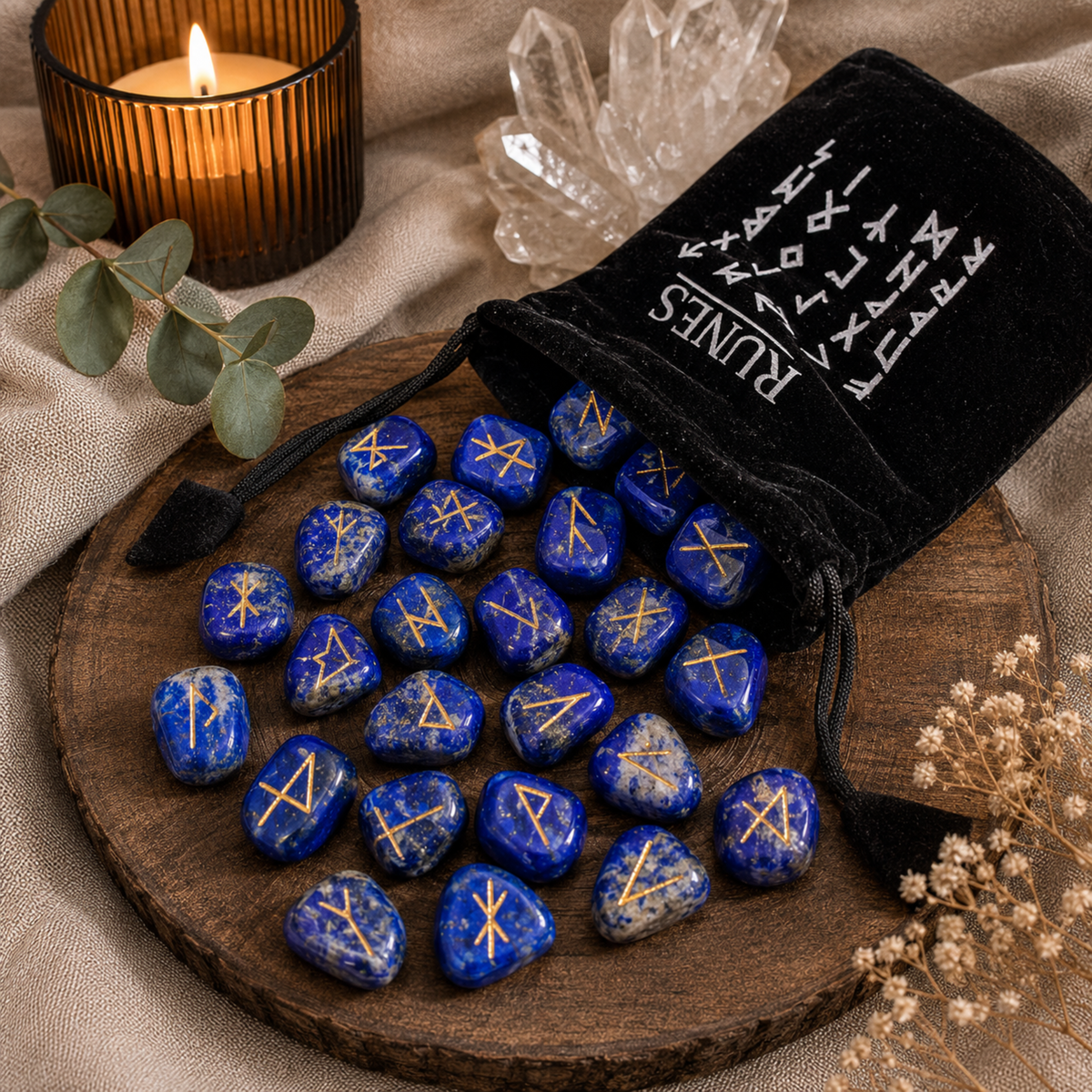 Lapis Lazuli Rune Set | 25 Piece Elder Futhark Divination Stones with Pouch