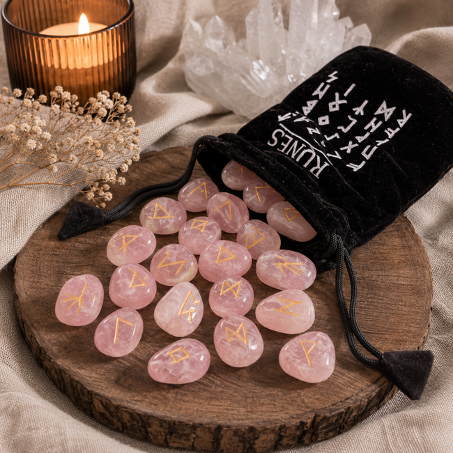 Rose Quartz Rune Set | 25 Piece Elder Futhark Divination Stones with Pouch