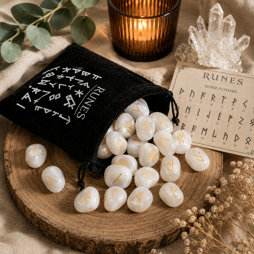 White Quartz Rune Set | 25 Piece Elder Futhark Divination Stones with Pouch