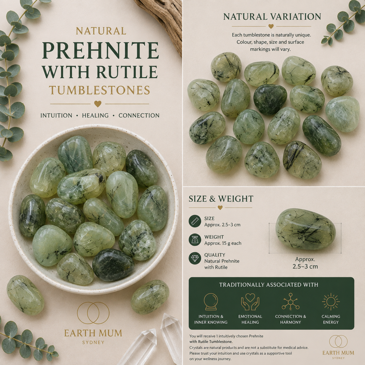 Prehnite with Rutile Tumblestone – Intuition, Harmony & Inner Knowing