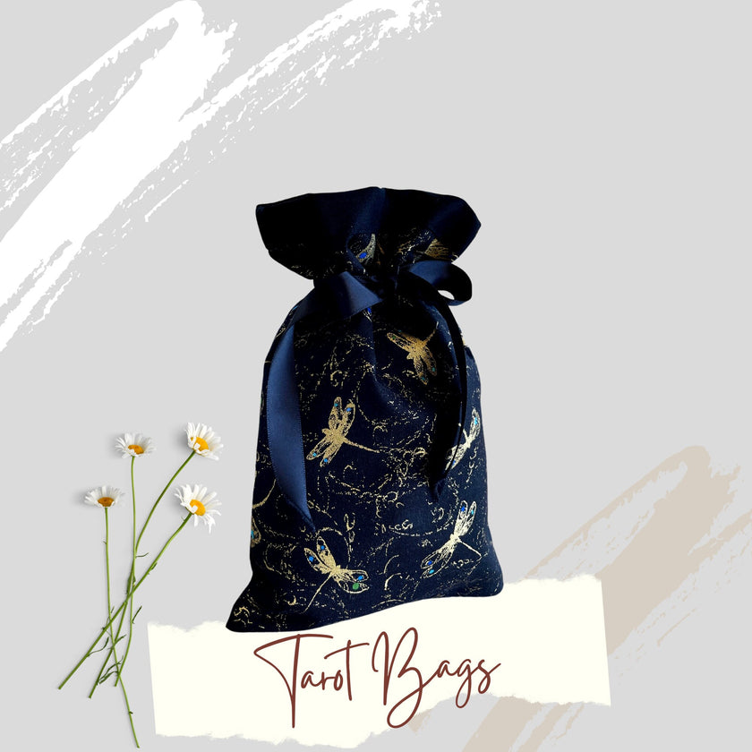 Tarot Bag Oracle Pouch Black 100% Cotton fabric Satin Ribbon Metallic Dragonflies
