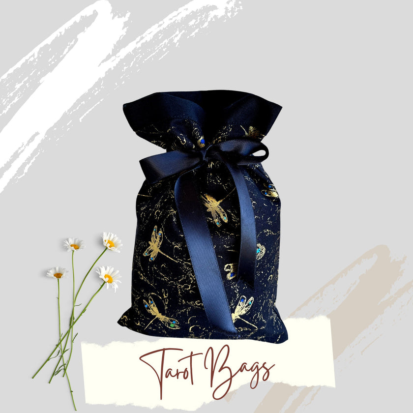 Tarot Bag Oracle Pouch Black 100% Cotton fabric Satin Ribbon Metallic Dragonflies