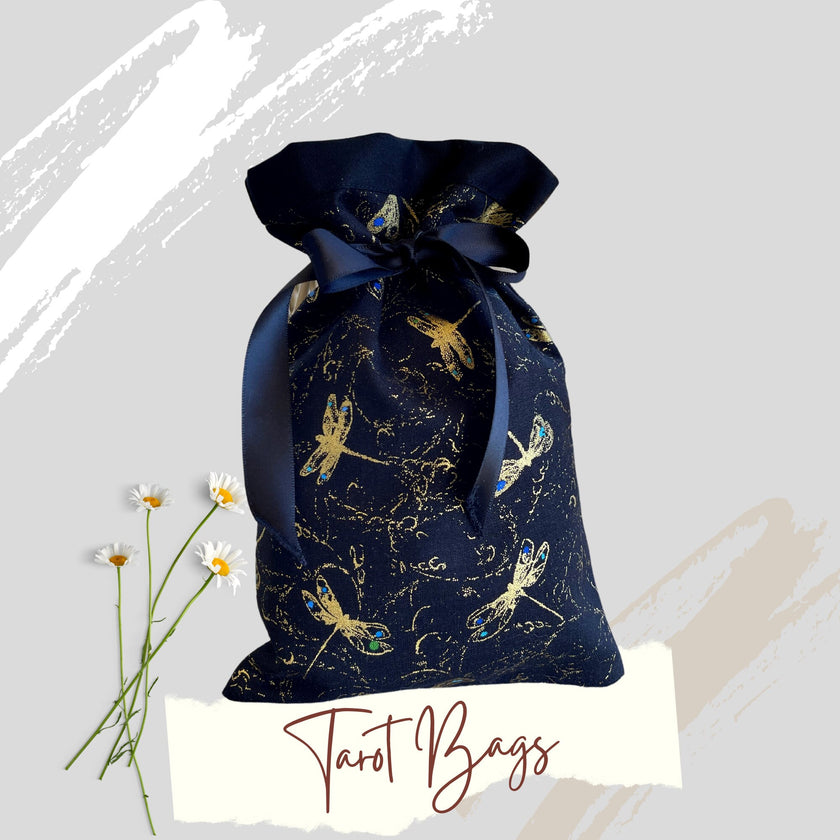 Tarot Bag Oracle Pouch Black 100% Cotton fabric Satin Ribbon Metallic Dragonflies