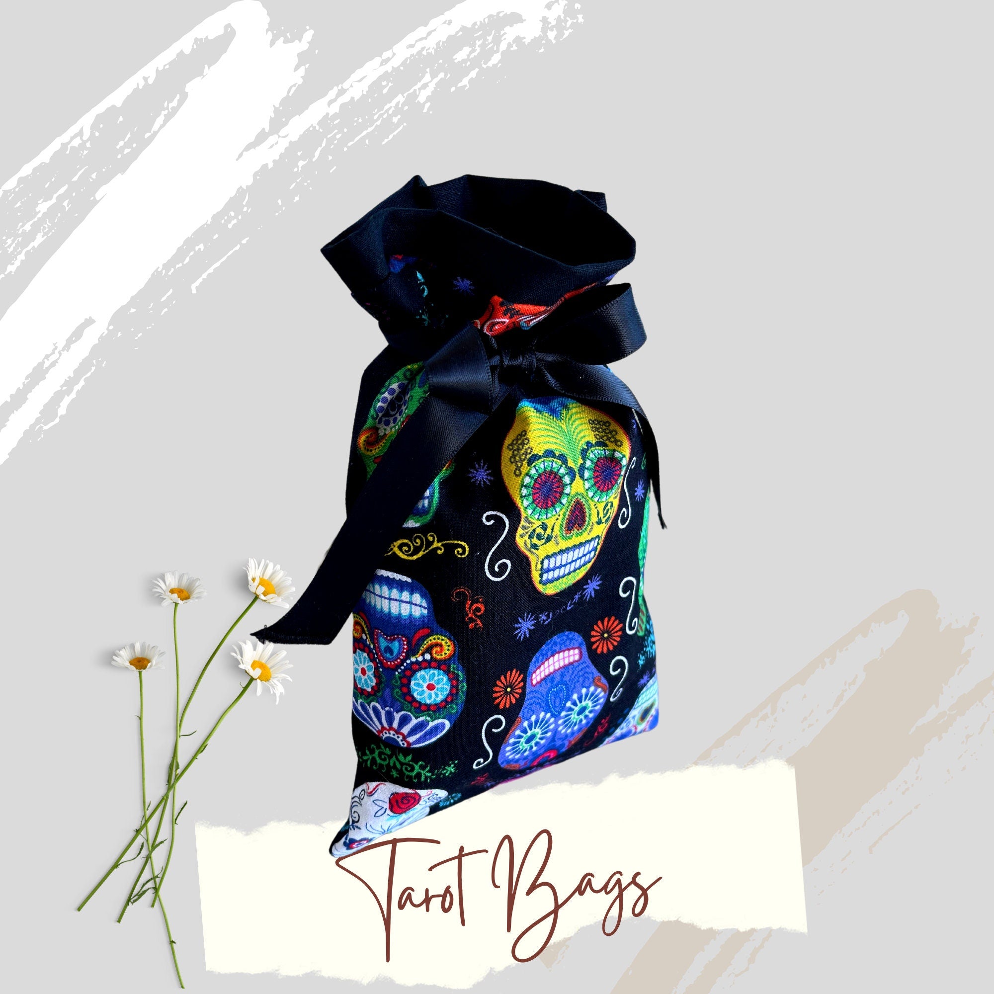 Skulls Tarot Bag Oracle Pouch Candy Skulls Black 100% Cotton fabric Satin Ribbon Day of the Dead