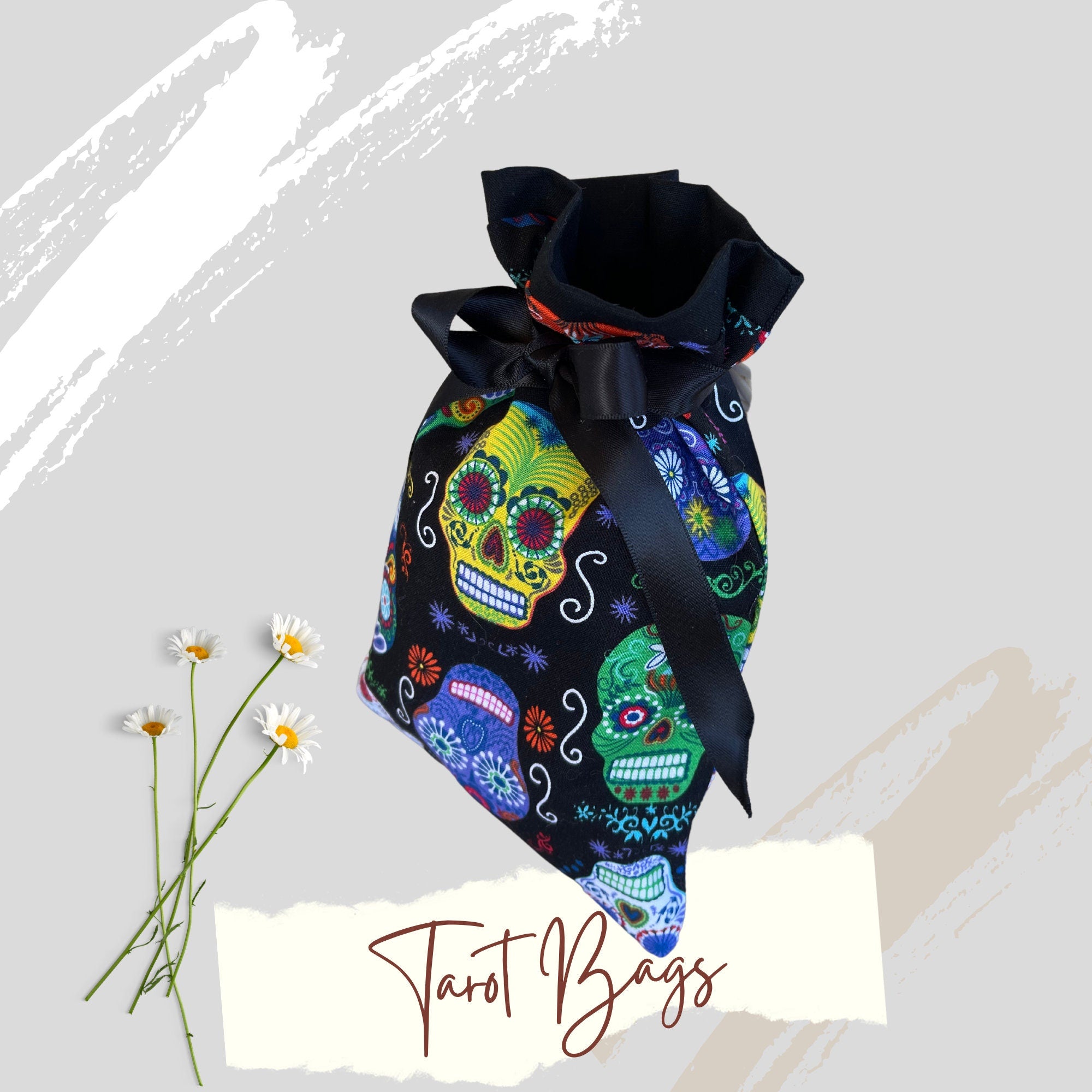Skulls Tarot Bag Oracle Pouch Candy Skulls Black 100% Cotton fabric Satin Ribbon Day of the Dead
