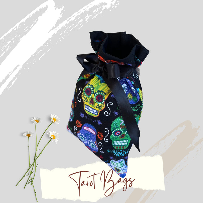 Skulls Tarot Bag Oracle Pouch Candy Skulls Black 100% Cotton fabric Satin Ribbon Day of the Dead
