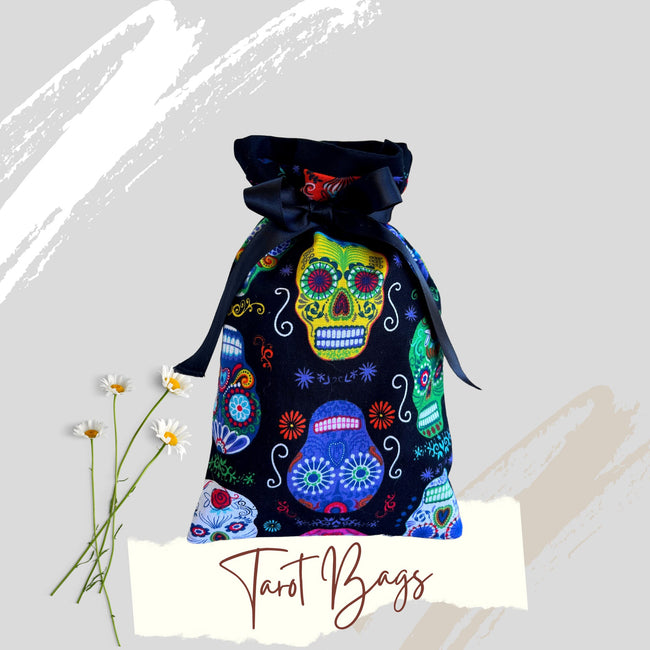 Skulls Tarot Bag Oracle Pouch Candy Skulls Black 100% Cotton fabric Satin Ribbon Day of the Dead