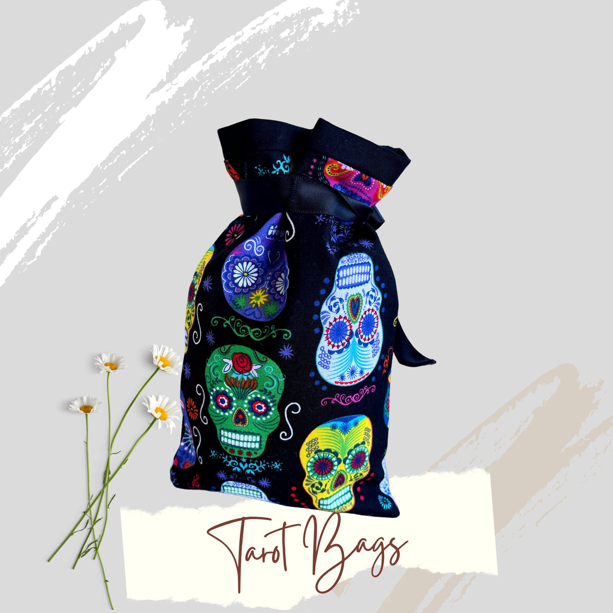 Skulls Tarot Bag Oracle Pouch Candy Skulls Black 100% Cotton fabric Satin Ribbon Day of the Dead