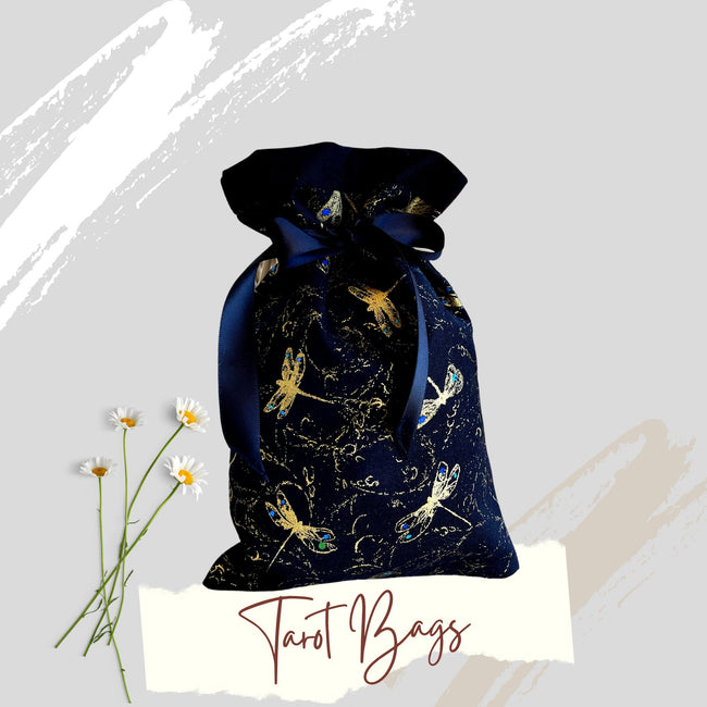 Tarot Bag Oracle Pouch Black 100% Cotton fabric Satin Ribbon Metallic Dragonflies