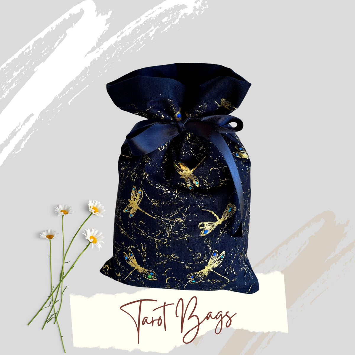 Tarot Bag Oracle Pouch Black 100% Cotton fabric Satin Ribbon Metallic Dragonflies