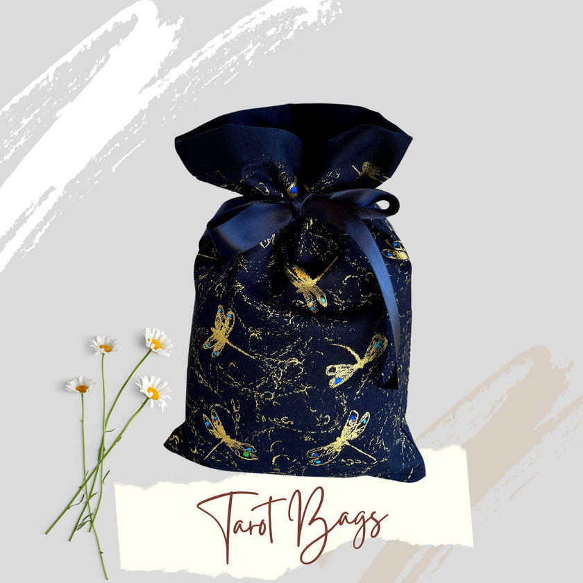 Tarot Bag Oracle Pouch Black 100% Cotton fabric Satin Ribbon Metallic Dragonflies