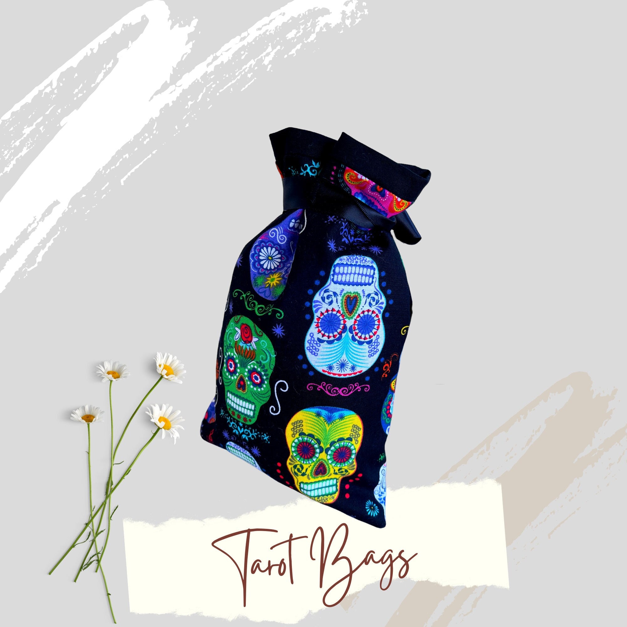 Skulls Tarot Bag Oracle Pouch Candy Skulls Black 100% Cotton fabric Satin Ribbon Day of the Dead