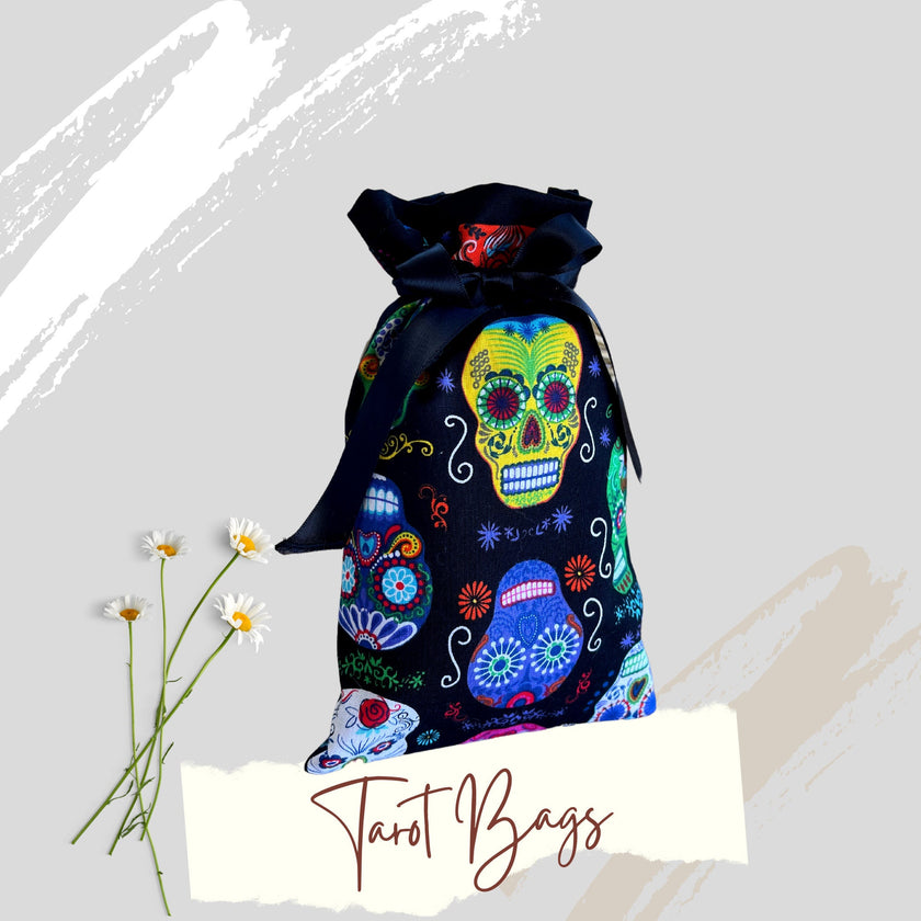 Skulls Tarot Bag Oracle Pouch Candy Skulls Black 100% Cotton fabric Satin Ribbon Day of the Dead