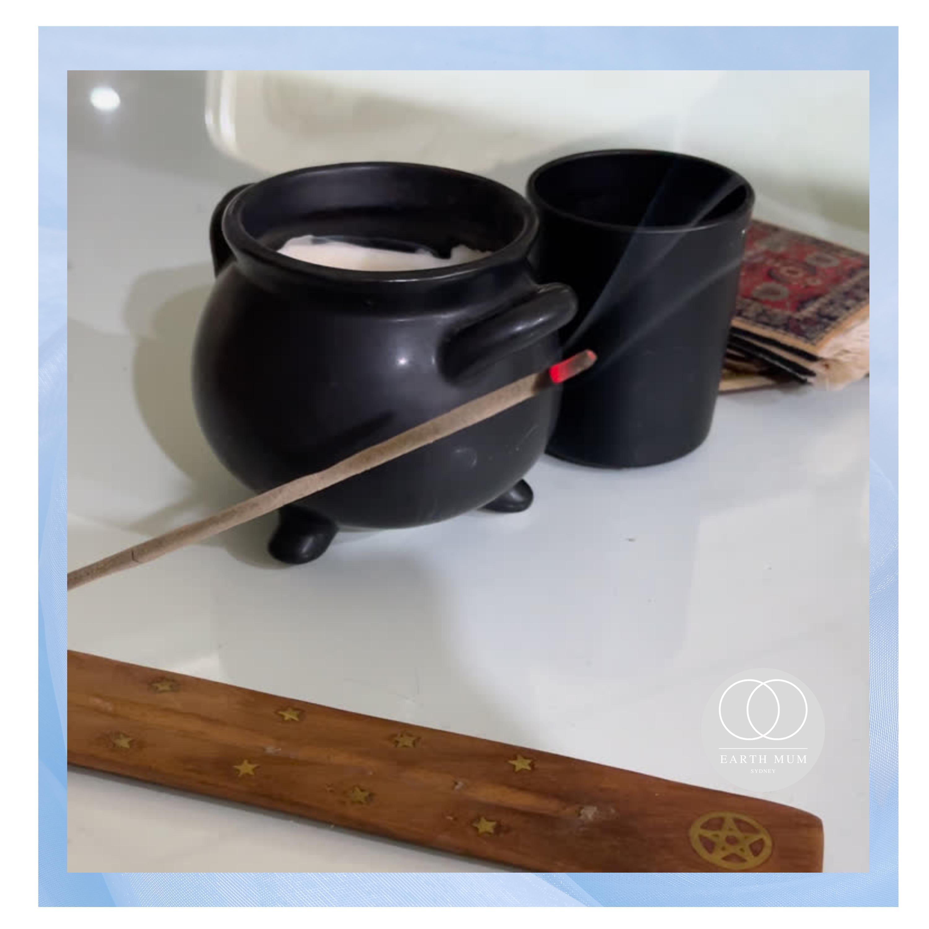 Flat Ash Catcher with brass inlay, Ying and Yang, Elephant, Pentacle, Incense holder